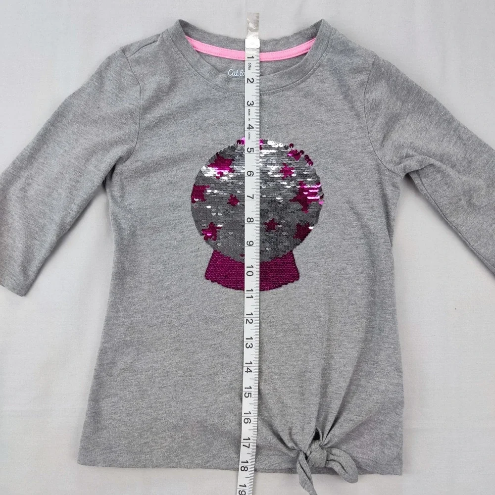 Cat & Jack Shirt Girls S 6/6X Gray Flip Sequin Crystal Ball Side Tie Long Sleeve